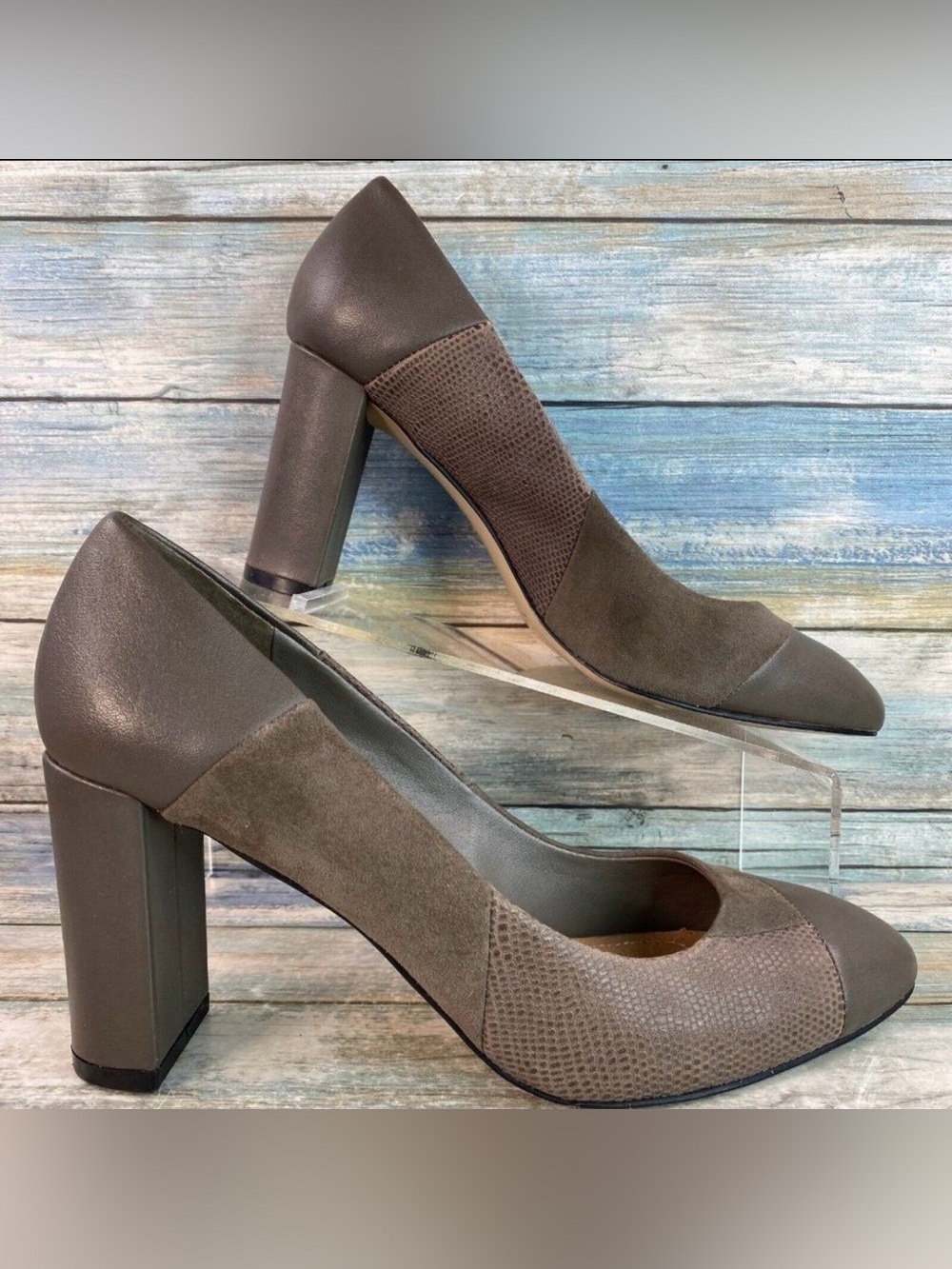 Tahari Pumps Womens Size 7.5M Gray Suede Leather Block Heel Dress Patchwork